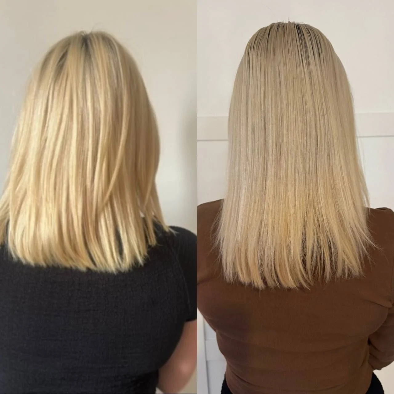 Comparison of woman's blonde hair before and after styling, showing the left with wavy, slightly tousled hair, and the right with straight, smooth hair.