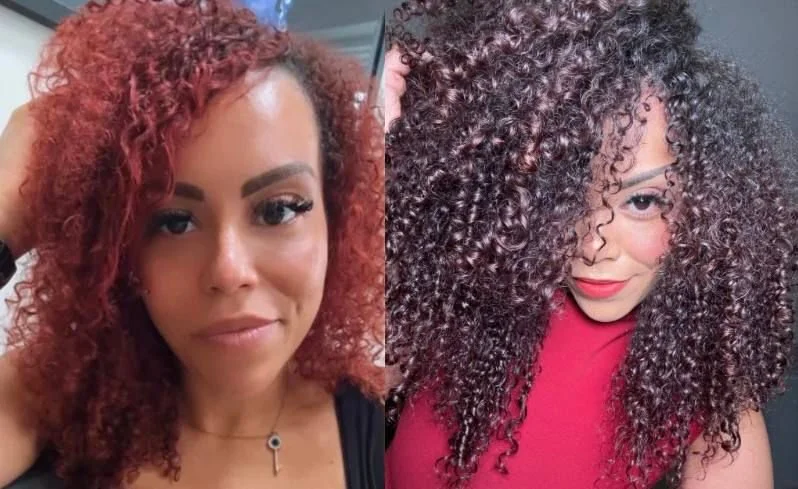 Side-by-side photos of women with curly hair, one with reddish-brown curls and the other with dark brown curls.