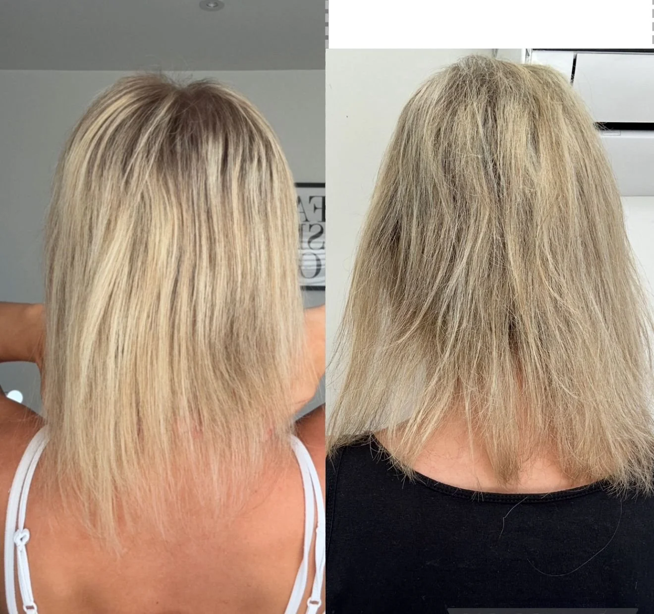Side-by-side comparison of a woman's hair before and after a haircut or styling, showing a shorter, layered hairstyle on the right and a longer, smooth hairstyle on the left.