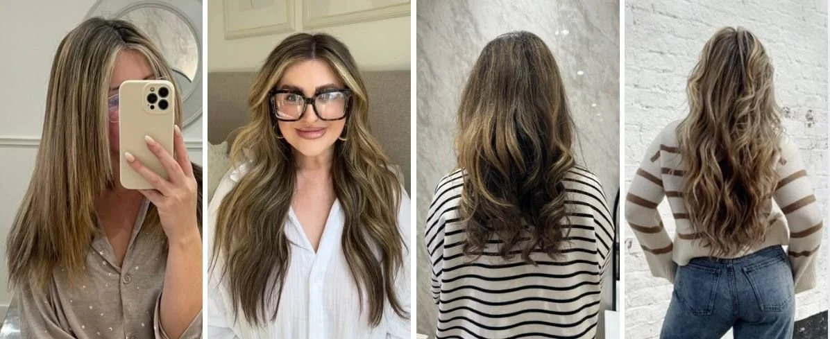 Four images of a woman with long, wavy hair in different styles and settings, including a mirror selfie, a professional style, and casual back views.