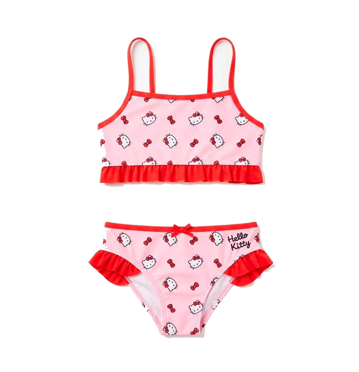Traje de Baño Hello Kitty- Dos Piezas con Volantes Rojos y Estampado