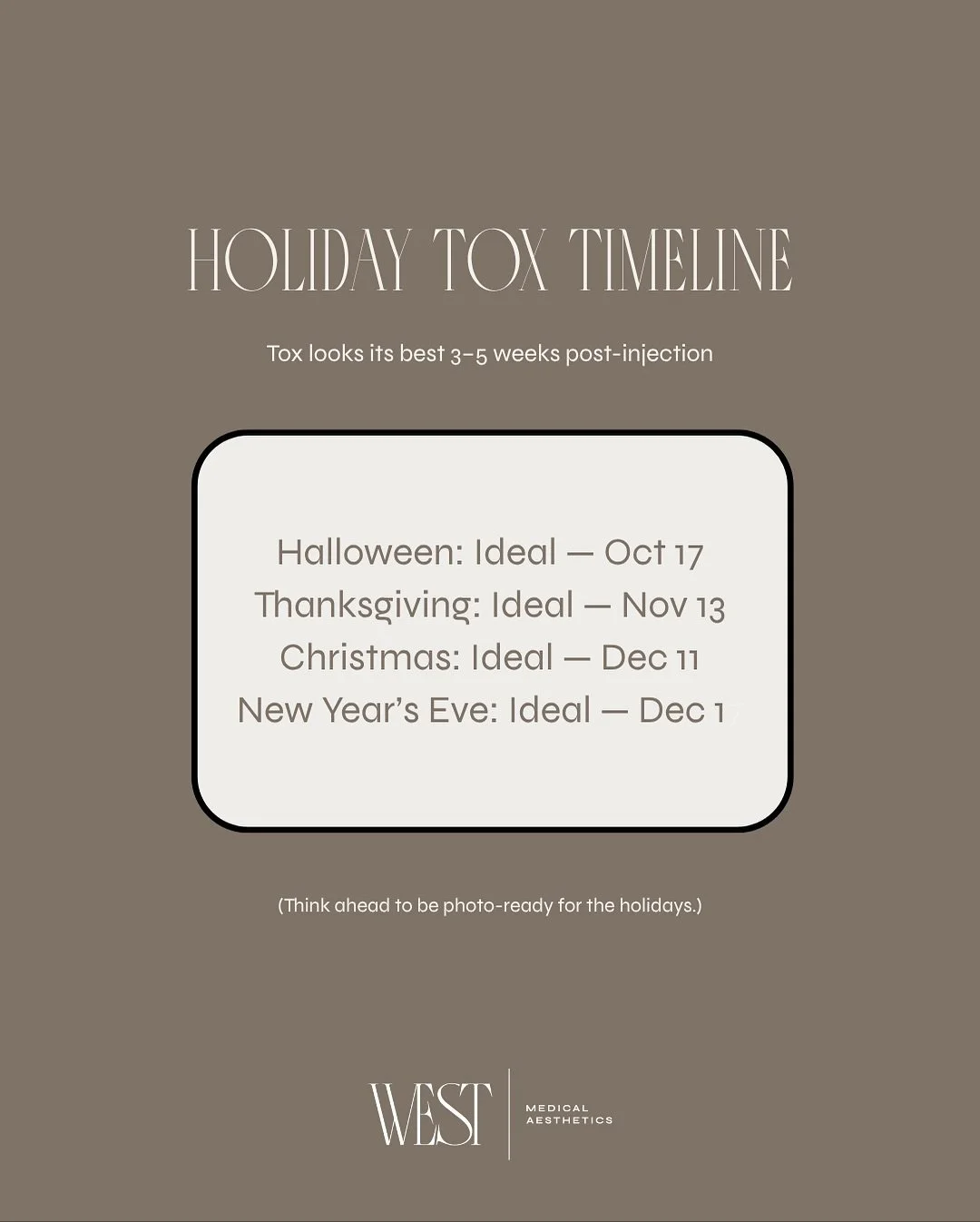 ✨ The holiday countdown is ON! ✨

Tox takes time to peak &mdash; so plan ahead to glow just right for every photo, party, and moment. 😉💉

📅 3&ndash;5 weeks post-injection = your sweet spot.