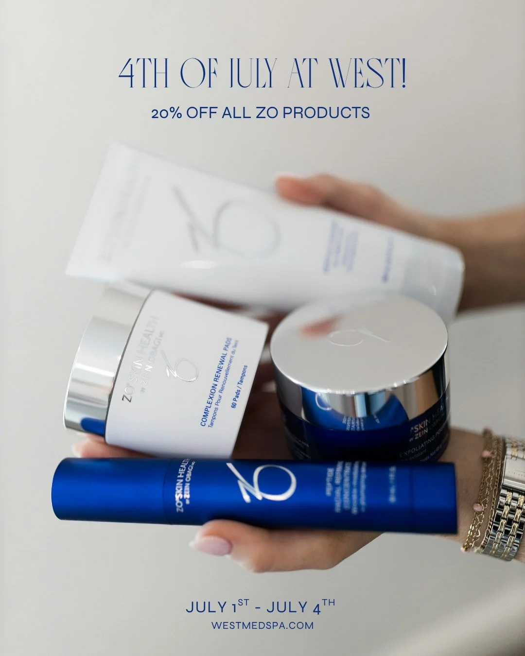 We're celebrating 4th of July weekend at West with 20% off all ZO Products! Now until Saturday! 🇺🇸 🧴

Shop at westmedspa.com + save! 💙