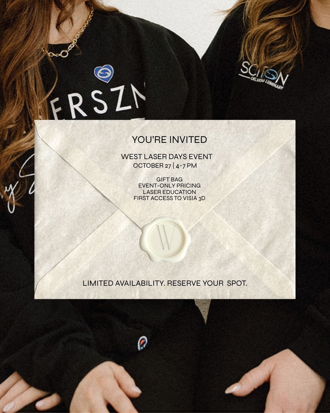 2 SEATS LEFT! 🤍✨

Join us October 27 from 4&ndash;7 PM for exclusive laser pricing, education, gift bags, and first access to VISIA 3D!

Tickets are $100, and the full amount will be applied as a credit toward purchases made that evening.

Spots are