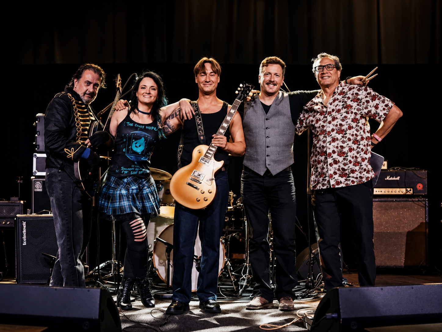 Group of five musicians on stage with musical instruments, smiling after a performance.