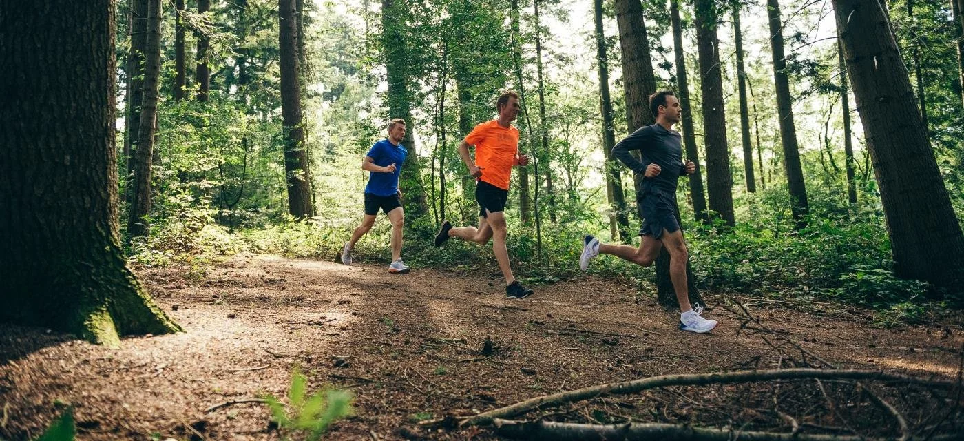 Vier joggers rennen door een bos, omgeven door bomen en groen blad.