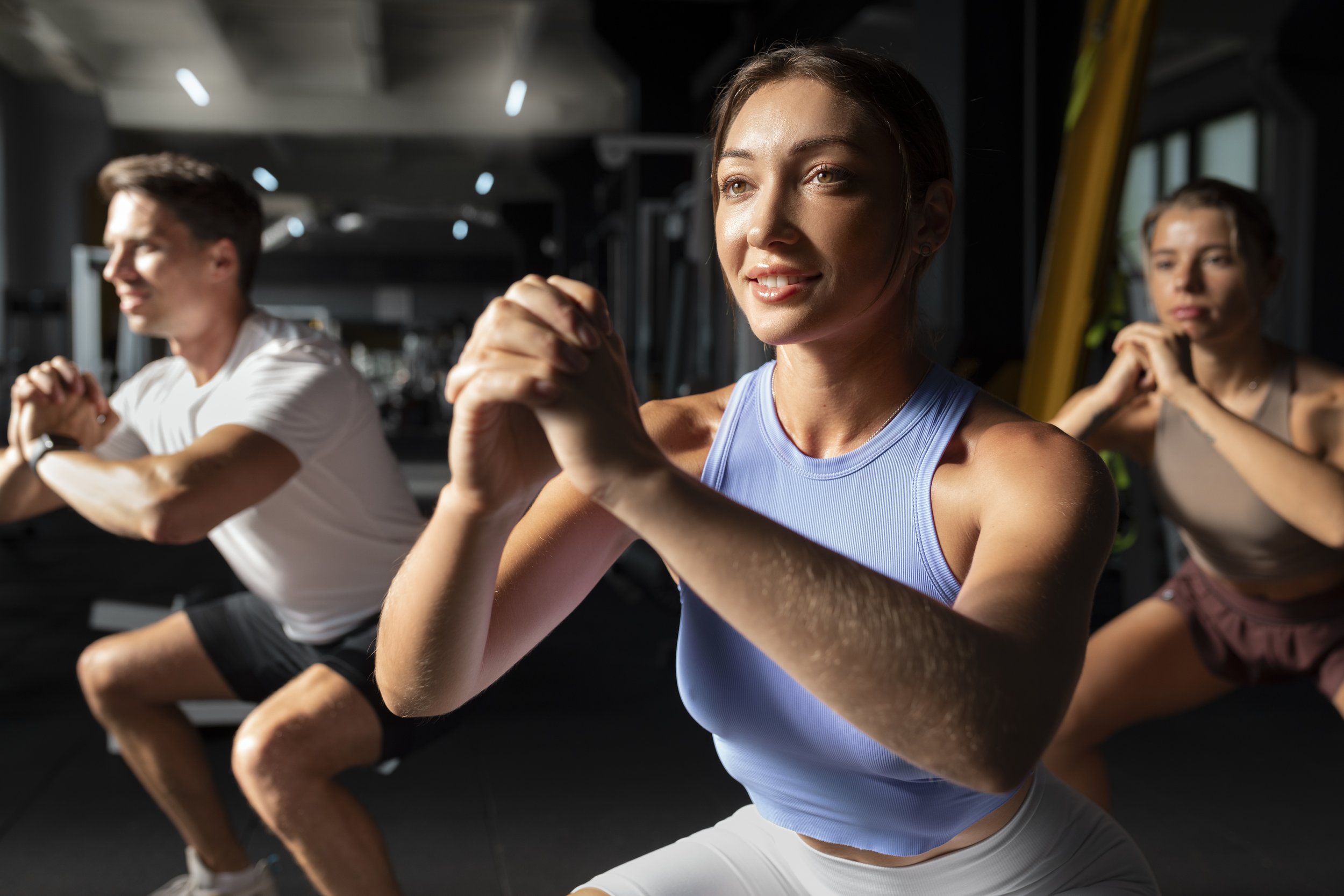 Drie mensen doen squats in de sportschool, glimlachende vrouw in het midden met blauwe top, man links en vrouw rechts, met focus op de vrouw in het midden.