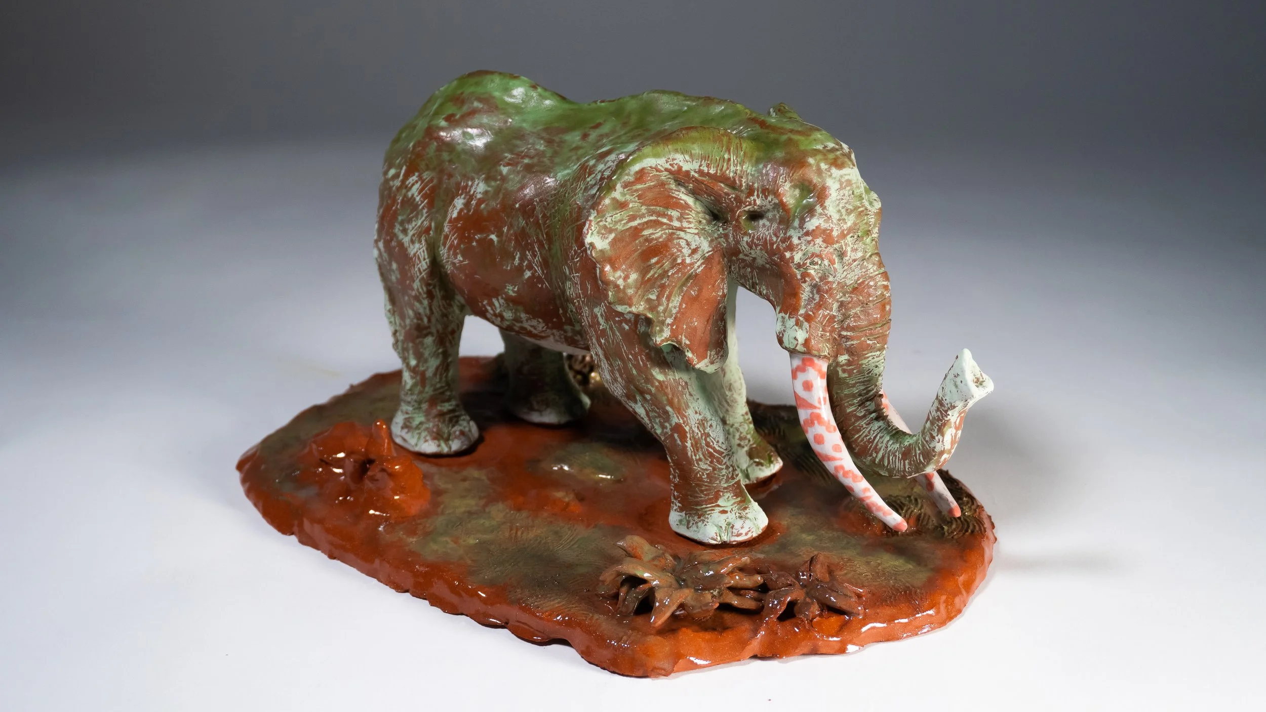 "African Elephant",
(In Environment) platform piece,
glazed terracotta ceramic,
12.5" X 8.75" X 8.5",
2026


