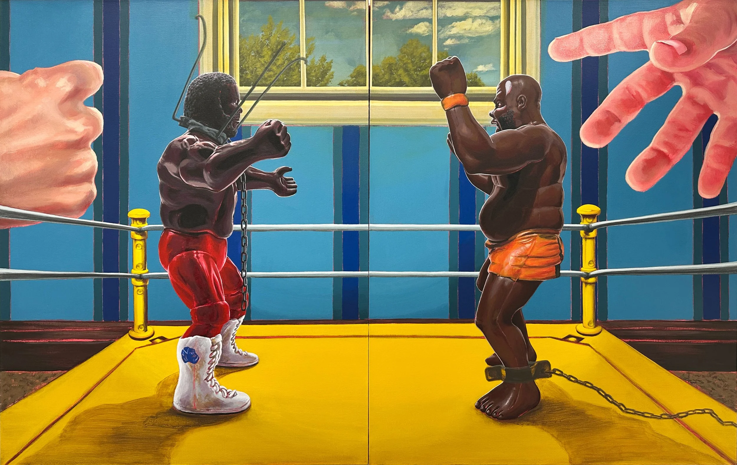“Untouchability In Exploitation”,
1 and 2 part diptych, 
acrylic on stretched canvas, 
3’ X 4’ each, 
2024