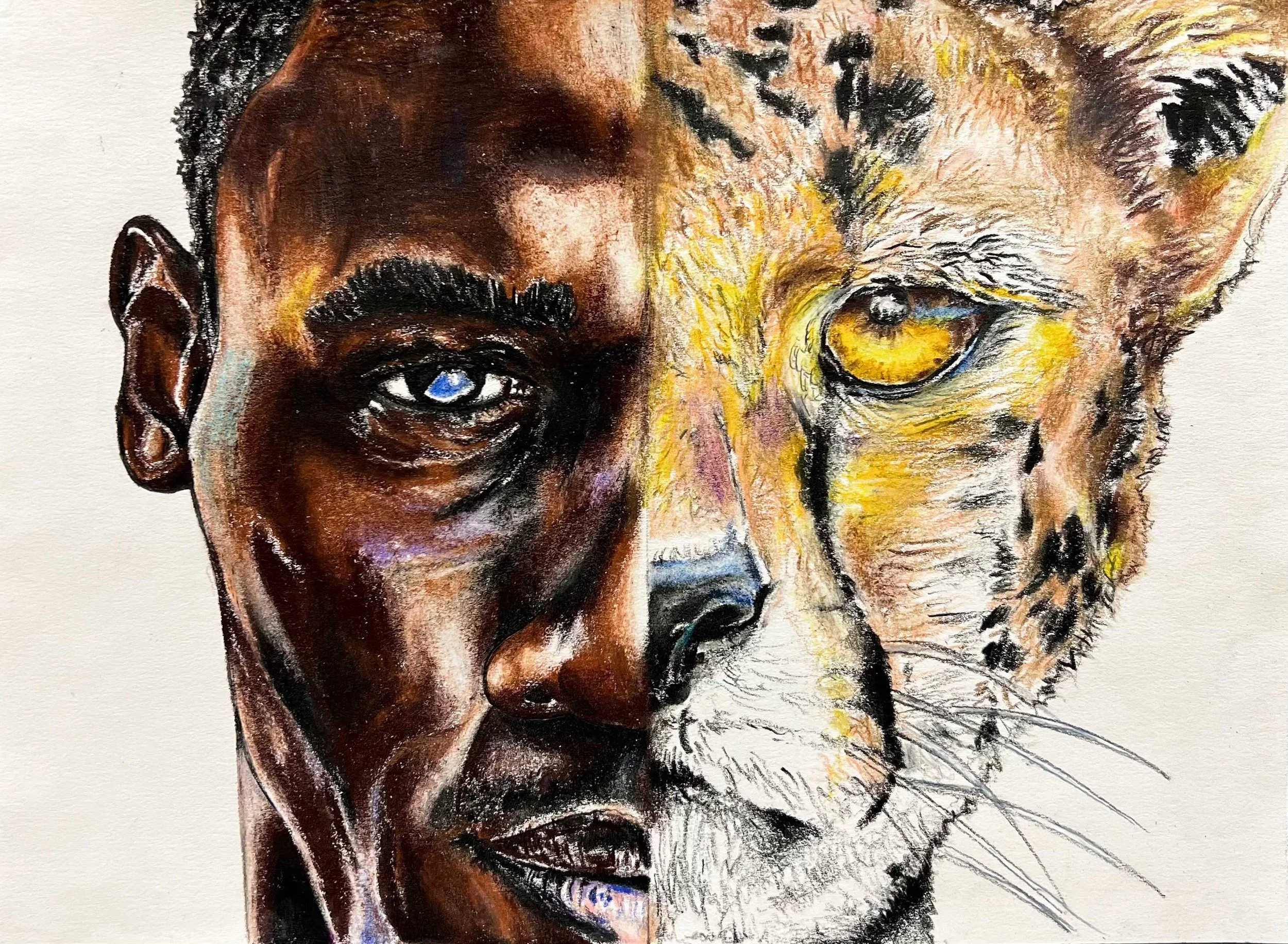"Cheetah and The Bolt ", prisma colored pencil on paper, 8" X 10", 2022