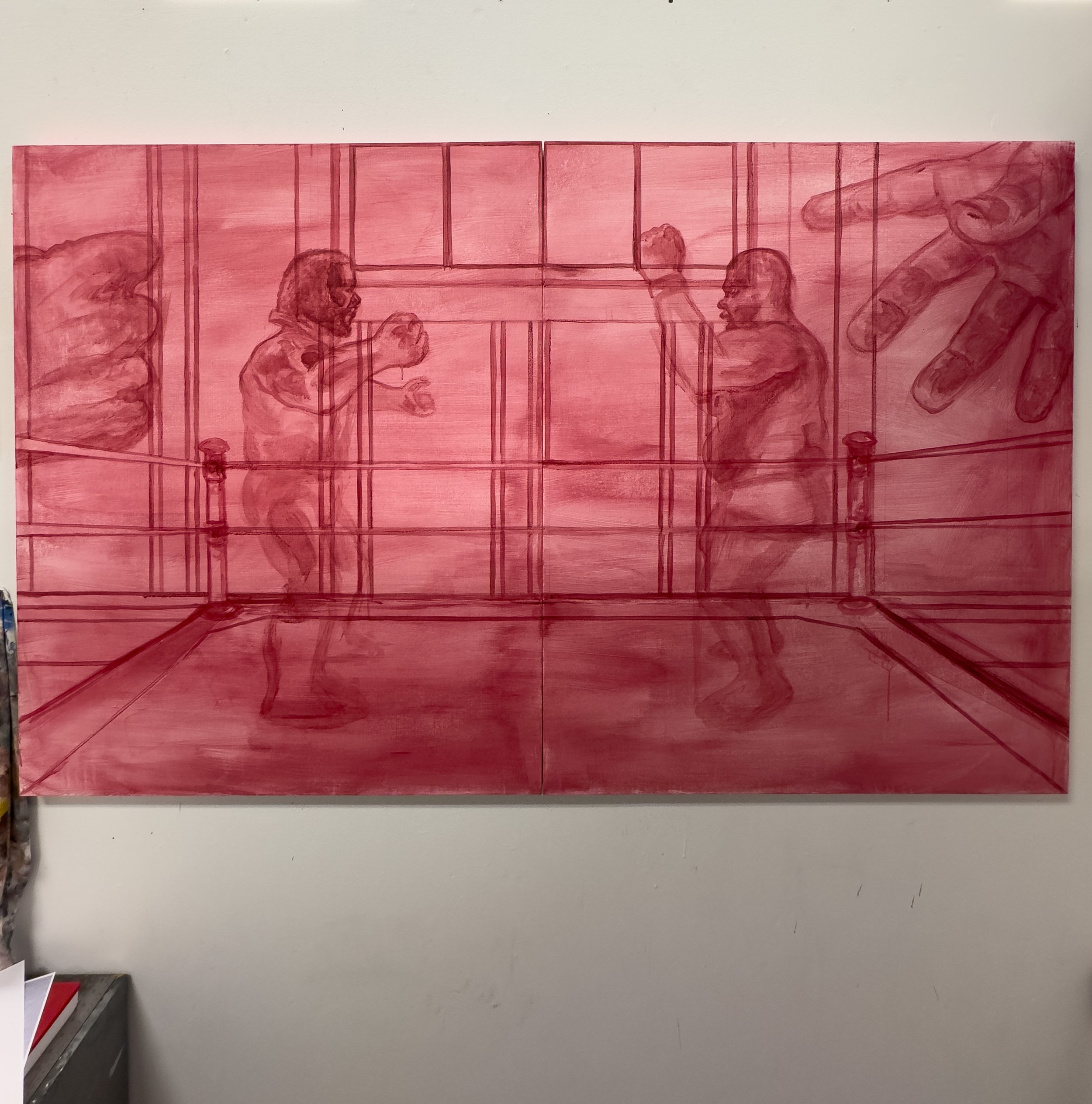 "Untouchability In Exploitation |" 1 and 2 part diptych, acrylic on stretched canvas, 3' X 4' each, 2025 - In-Progress Shot