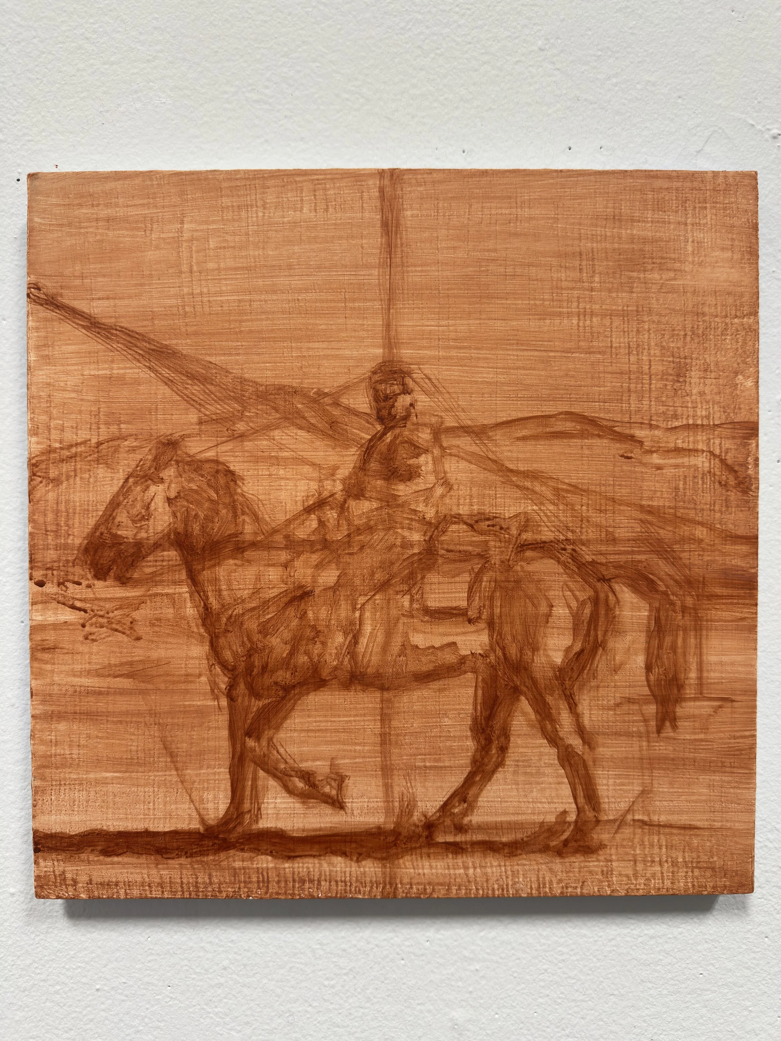 "Not Supposed to Look Up!", oil on wood panel, 12" X 12", 2025 - In-Progress Shot