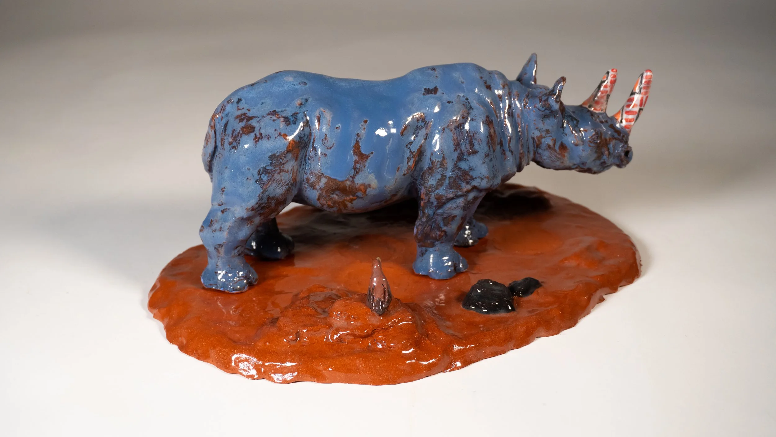 "Black Rhinoceros",
(In environment) platform piece,
glazed terracotta ceramic,
11.60" X 8.5" X 6.75",
2026