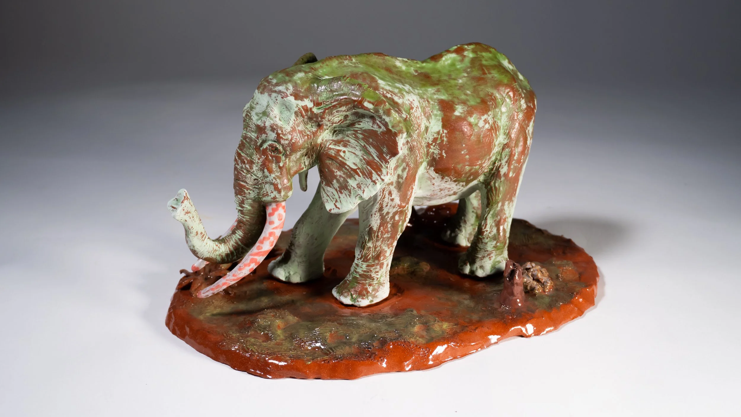"African Elephant",
(In Environment) platform piece,
glazed terracotta ceramic,
12.5" X 8.75" X 8.5",
2026
