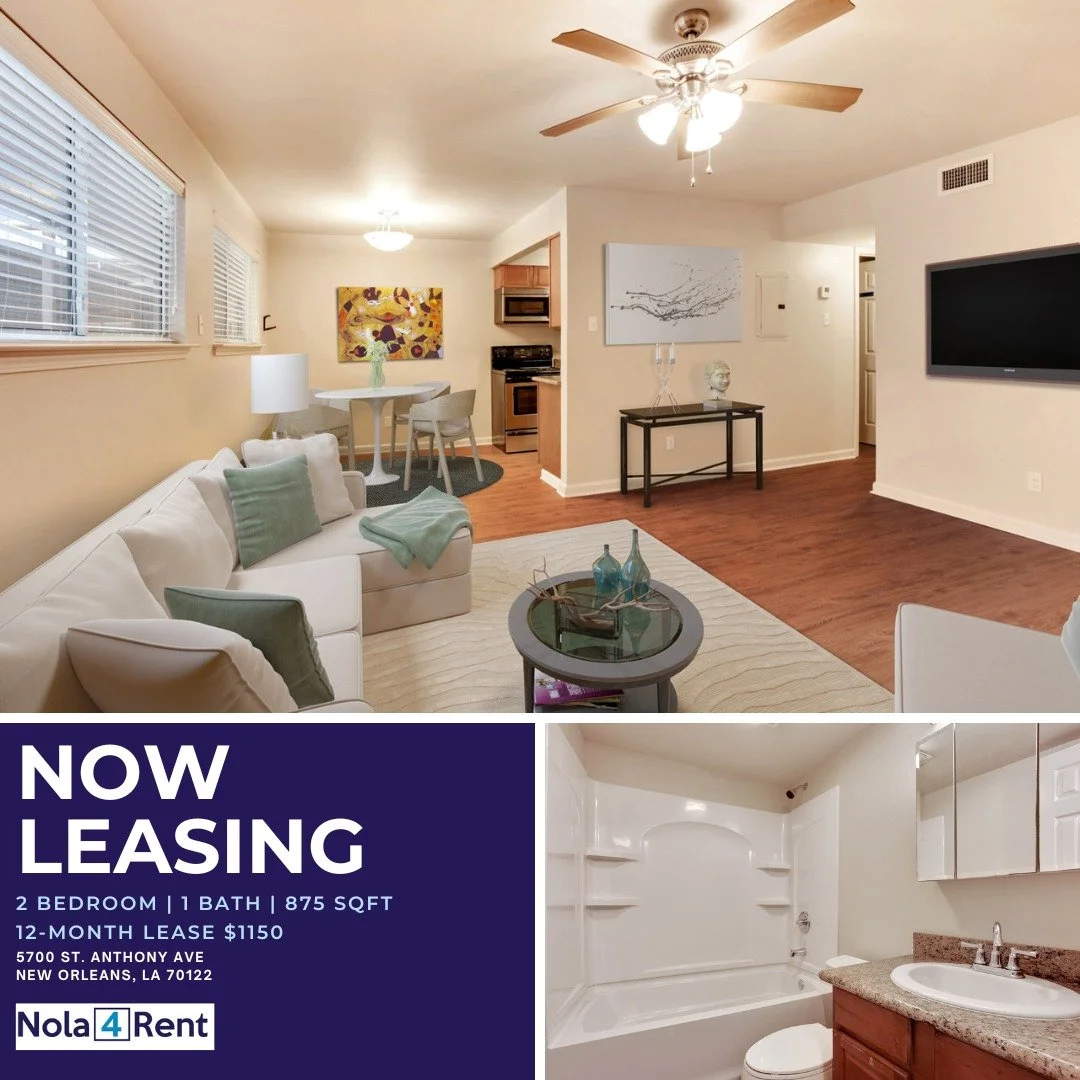 2 Bedrooms Available
5700 St. Anthony Ave
$1150 / month

Features:
- Washer/Dryer Inside Unit
- Central A/C
- Energy Efficient Appliances
- Off-street Parking Available

Learn More and Schedule a Tour today!

www.nola4rent.com
(504) 383-4605
 #NewOrl