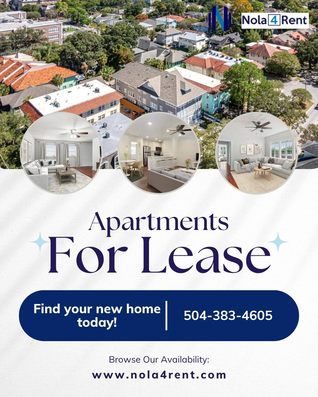 Looking for your next home? 🏡
Nola4Rent has you covered with rentals all across New Orleans &mdash; from new apartment buildings to charming historic gems. ✨

📍Various neighborhoods
📆 Flexible showing times
📞 Reach out today to schedule a tour!

