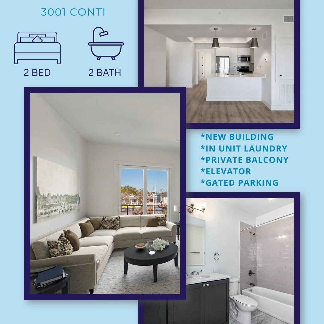 Located on the Greenway, this 2 bed, 2 bath corner apartment has it all! Private balcony, in unit laundry room, en suite bath, walk in closets, elevator, and gated parking.
.
.
.
3001 Conti - Unit 205
New Orleans, LA 70119
1,100 sq ft
$1925/month
Lea