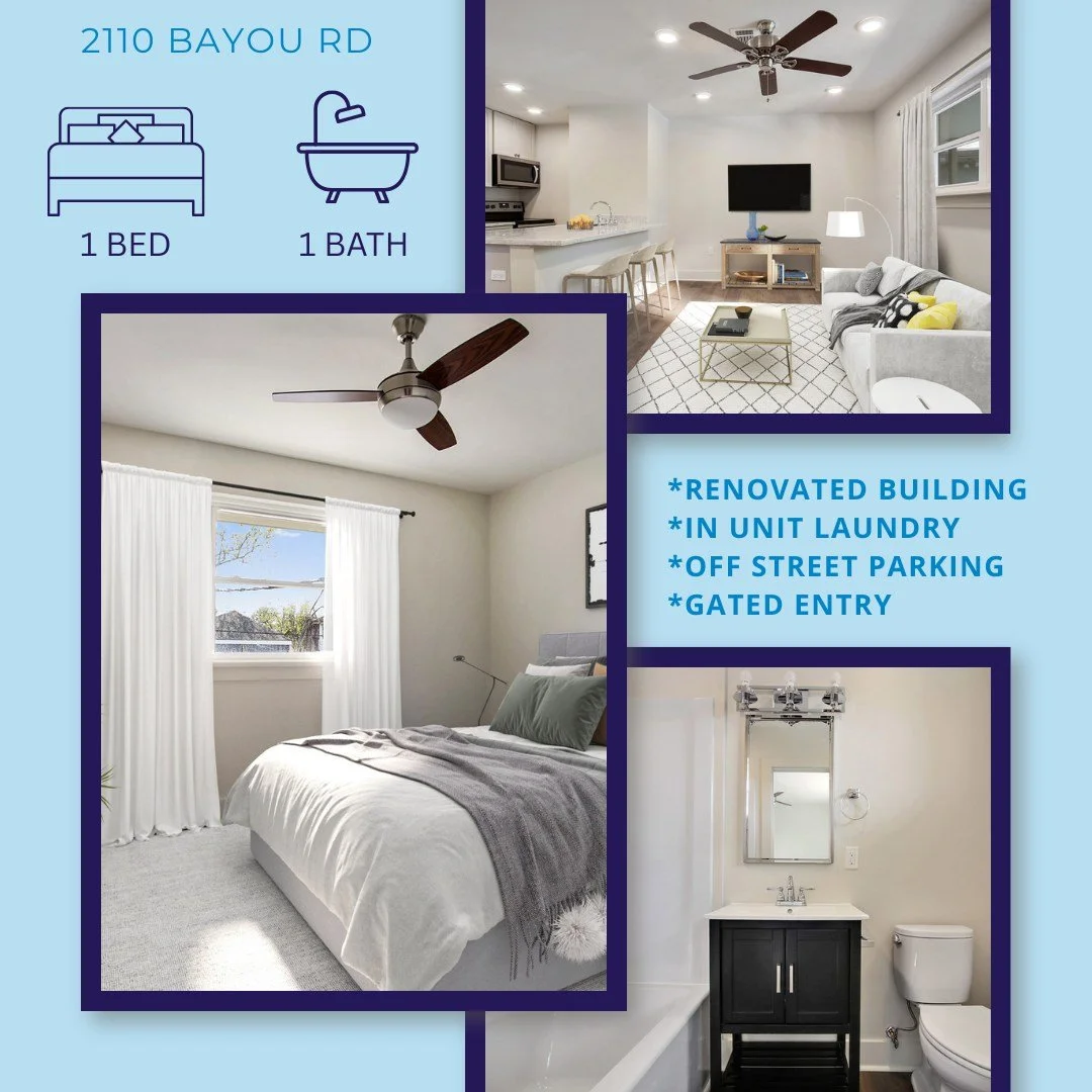 🪩New Year New Home🪩
.
.
.
2110 Bayou Rd
New Orleans, La
1 Bed/ 1 Bath
600 sq ft
$1275/month
Learn More and Schedule a Tour today!

www.nola4rent.com
(504) 383-4605
 #YourNextHome #NowRenting #UpdatedLiving #CityCharm #timetomove #NowLeasing #neworl