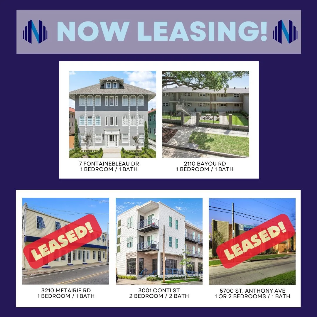 We currently have 3 great buildings with availability! 
Schedule your tour today
www.nola4rent.com

 #neworleansrentals #ApartmentForRent #NowRenting #NowLeasing #YourNextHome #NewOrleansRealEstate