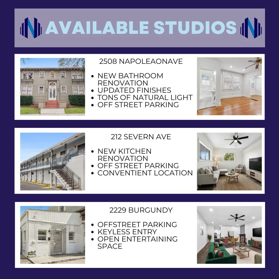 Looking for an affordable studio?
Check out the great options we currently have available!

2508 Napoleon Ave New Orleans, LA 70115
212 Severn Ave Metairie, LA 70001
2229 Burgundy St New Orleans, LA 70117

Schedule a tour today www.nola4rent.com

#No