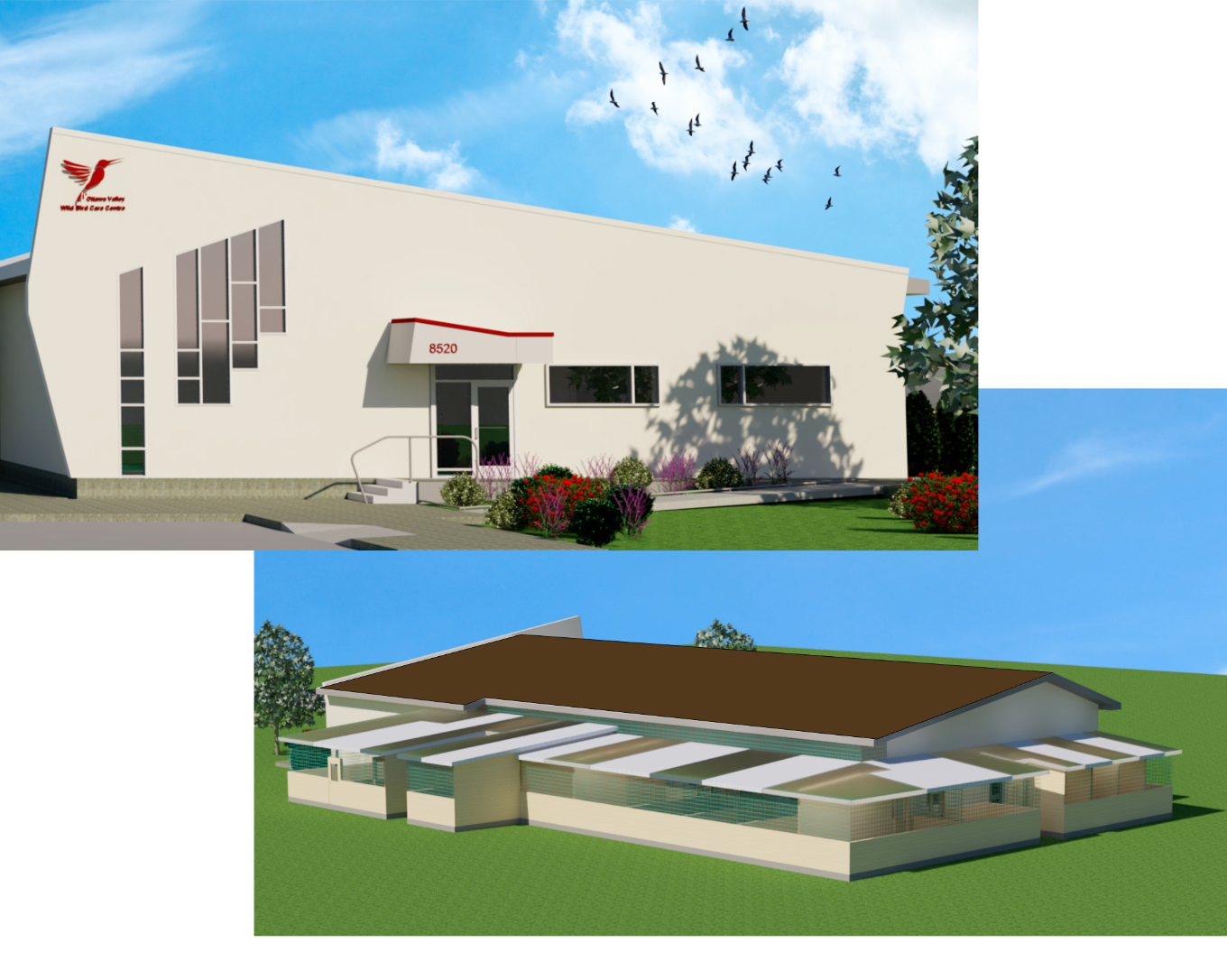 Architectural rendering of two modern buildings, one with a white exterior, stained glass windows, and landscaped front yard, and the other with a flat brown roof and large windows, under a blue sky with clouds and birds in flight.