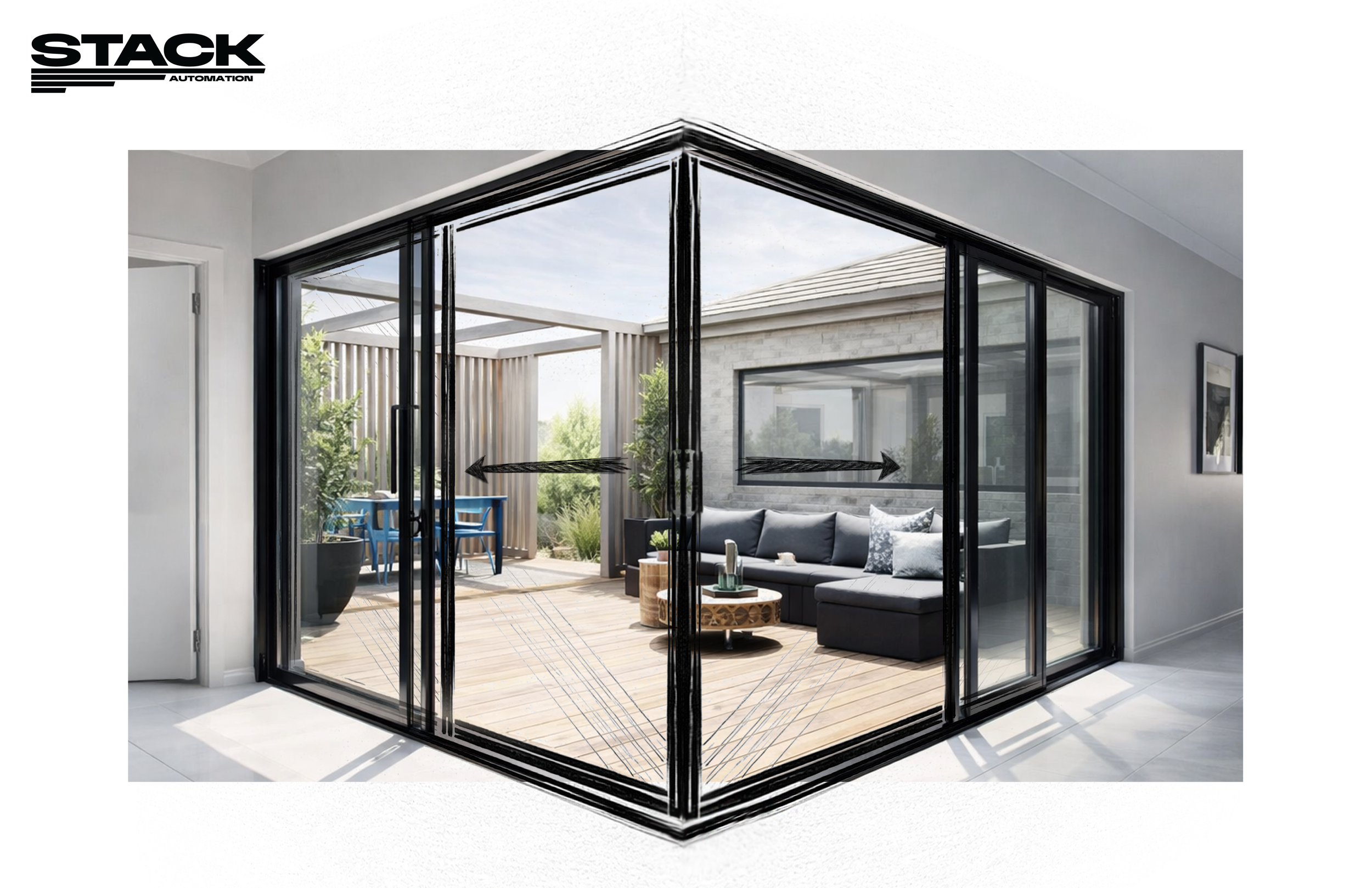 Sliding glass door leading to an outdoor deck with outdoor furniture and greenery.