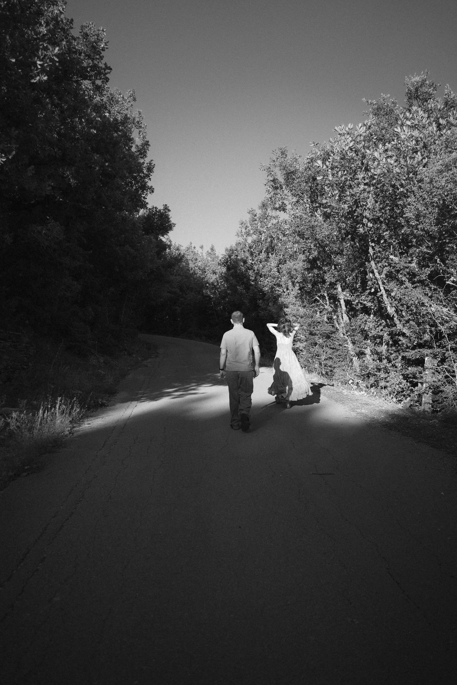 Wedding couple, black and white, forest road, Zagori - Alexandros Aidonis