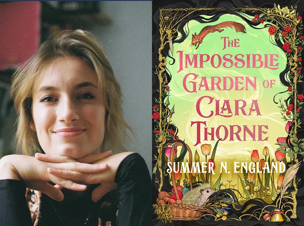 photo of Summer N England and her Book The Impossible Garden of Clara Thorne WHimsy headgehog squirrel vines and flowers