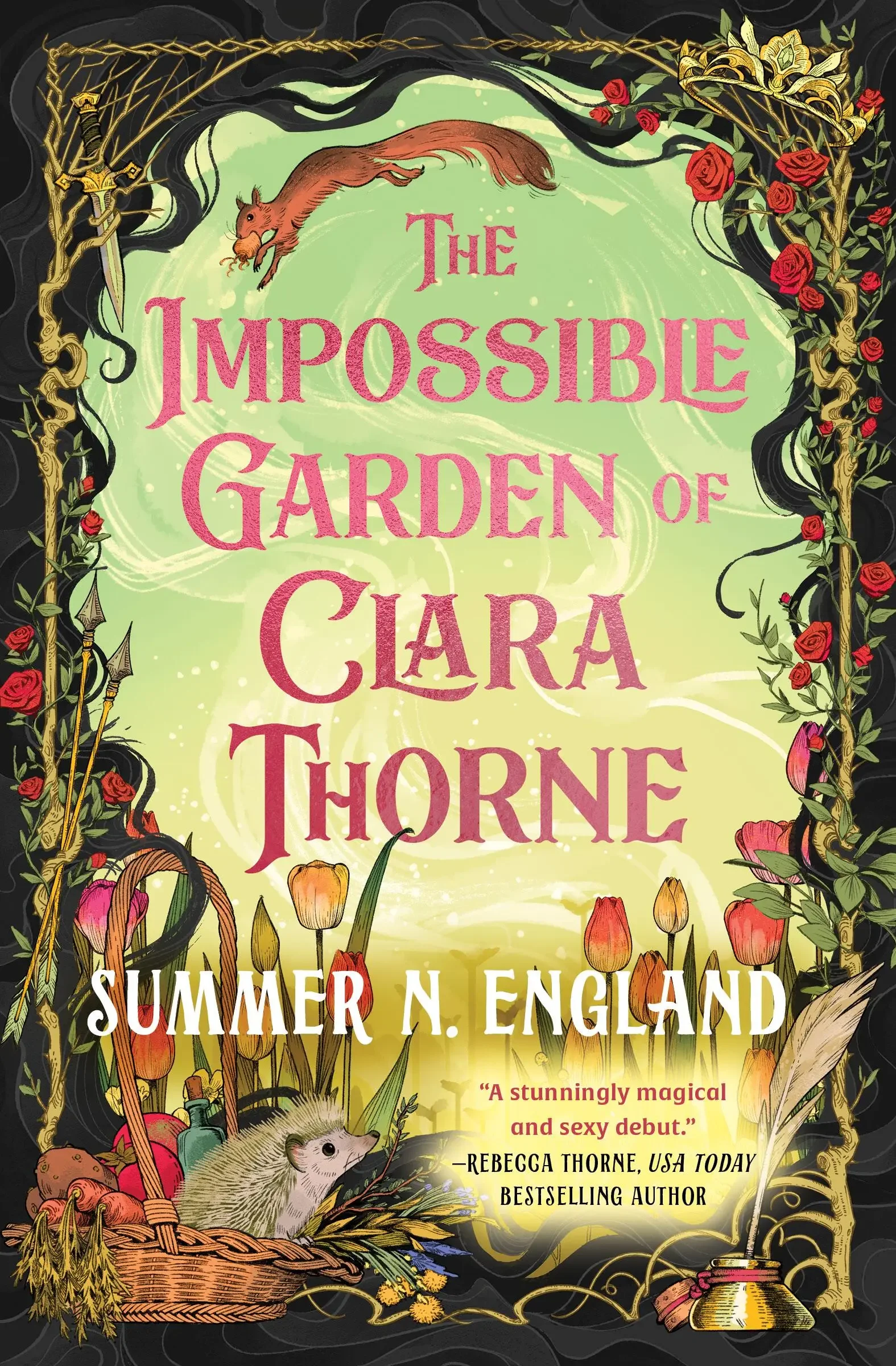 Book cover for The Impossible Garden of CLara THorne whimsical flowers and a vines a squirrel and a headgehog