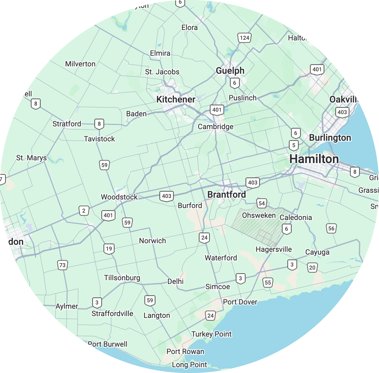 Map of the WETT service area, Hamilton, Kitchener, Guelph, Cambridge, Brantford, Waterloo, Woodstock, Stratford, Burlington, Tillsonburg, Simcoe, Fergus, Elmira, New Hamburg, Paris, Caledonia, Tavistock, St. Marys, Hagersville, Ayr, London, Baden.