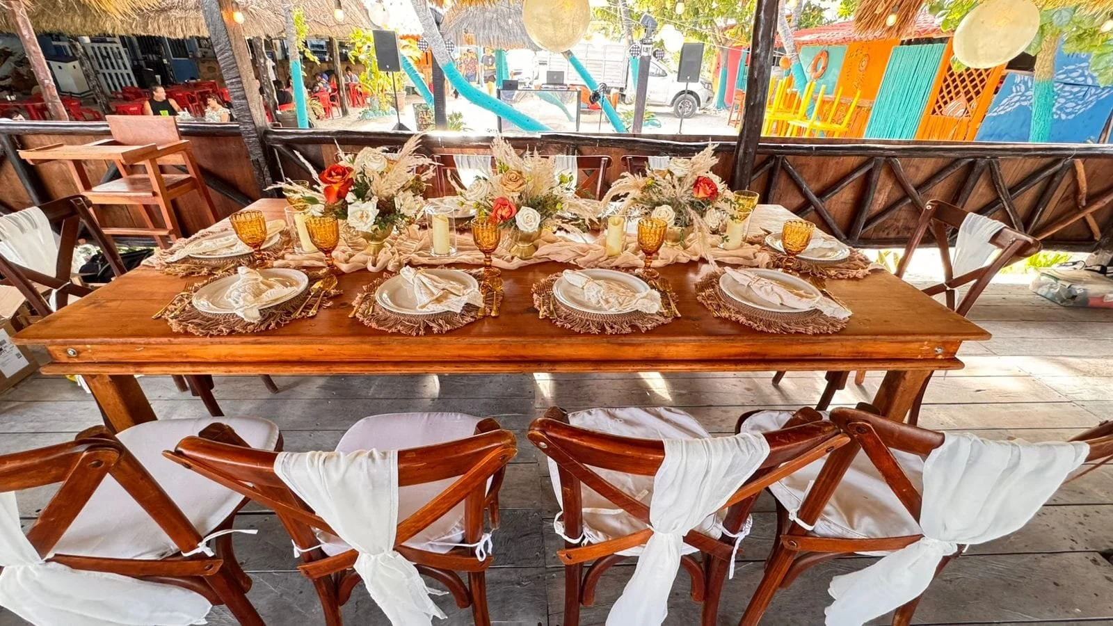 Wooden Rustic table, Crossback chairs