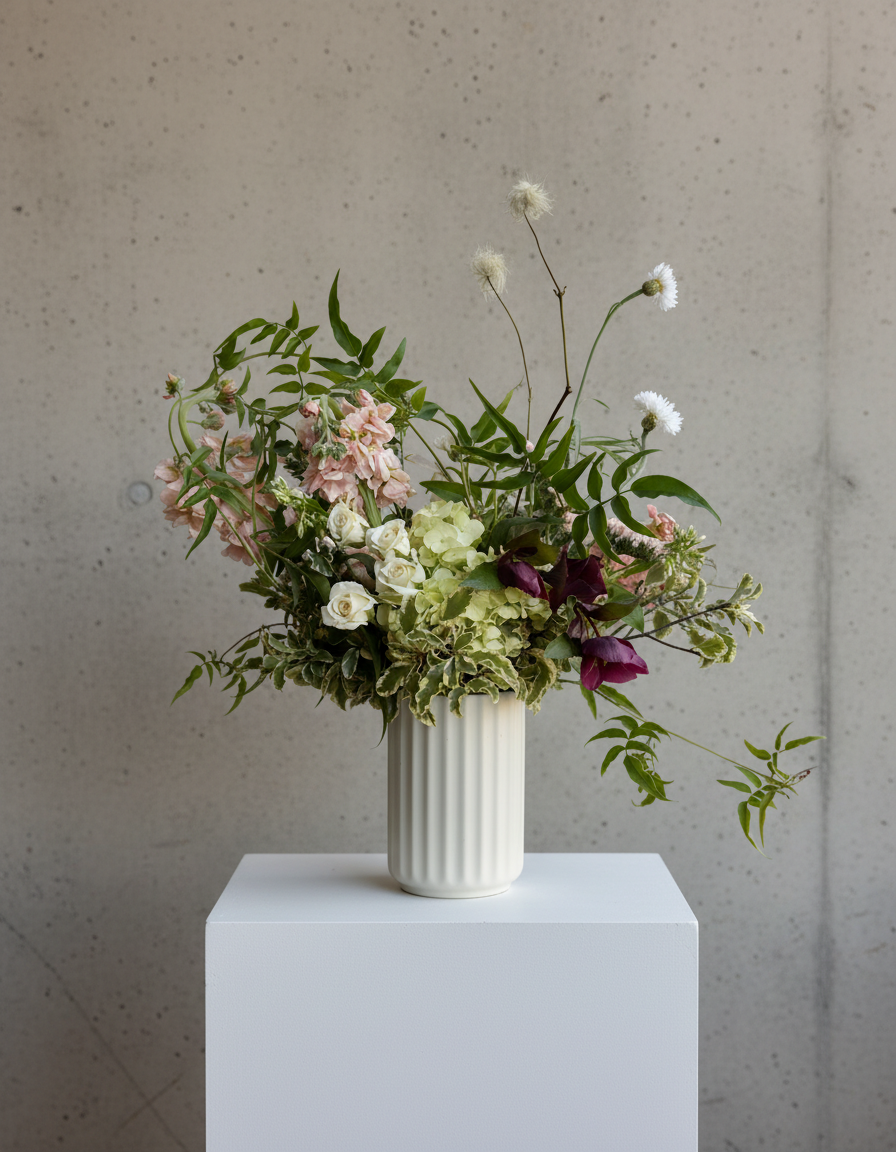Arrangement of mixed flowers including pink, white, purple, and cream blooms in a tall, white, ribbed ceramic vase on a white pedestal against a plain concrete wall.