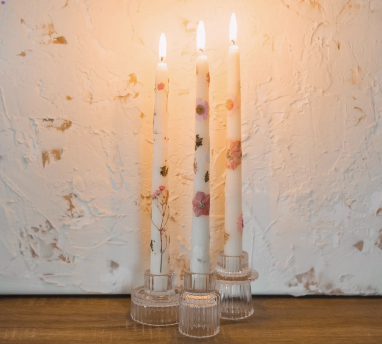 Beeswax taper candles decorated with pressed flowers