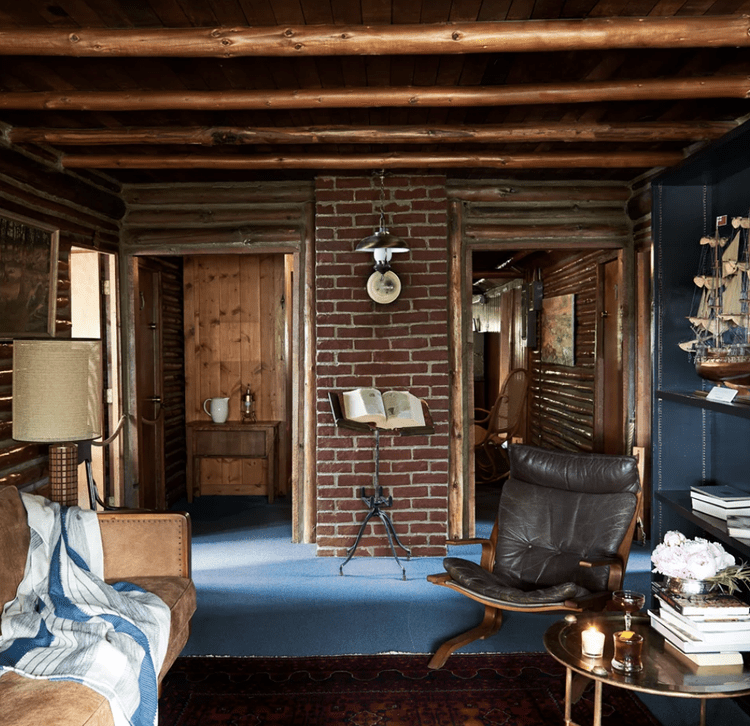 A cozy reading nook in the log lodge