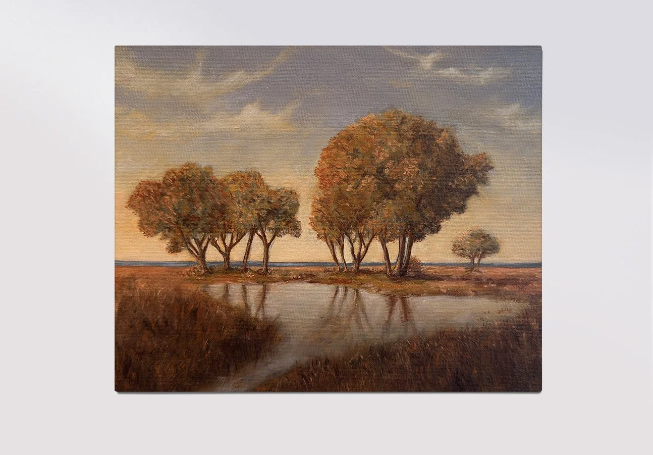 A landscape painting of trees near a reflective body of water, with a cloudy sky in the background.