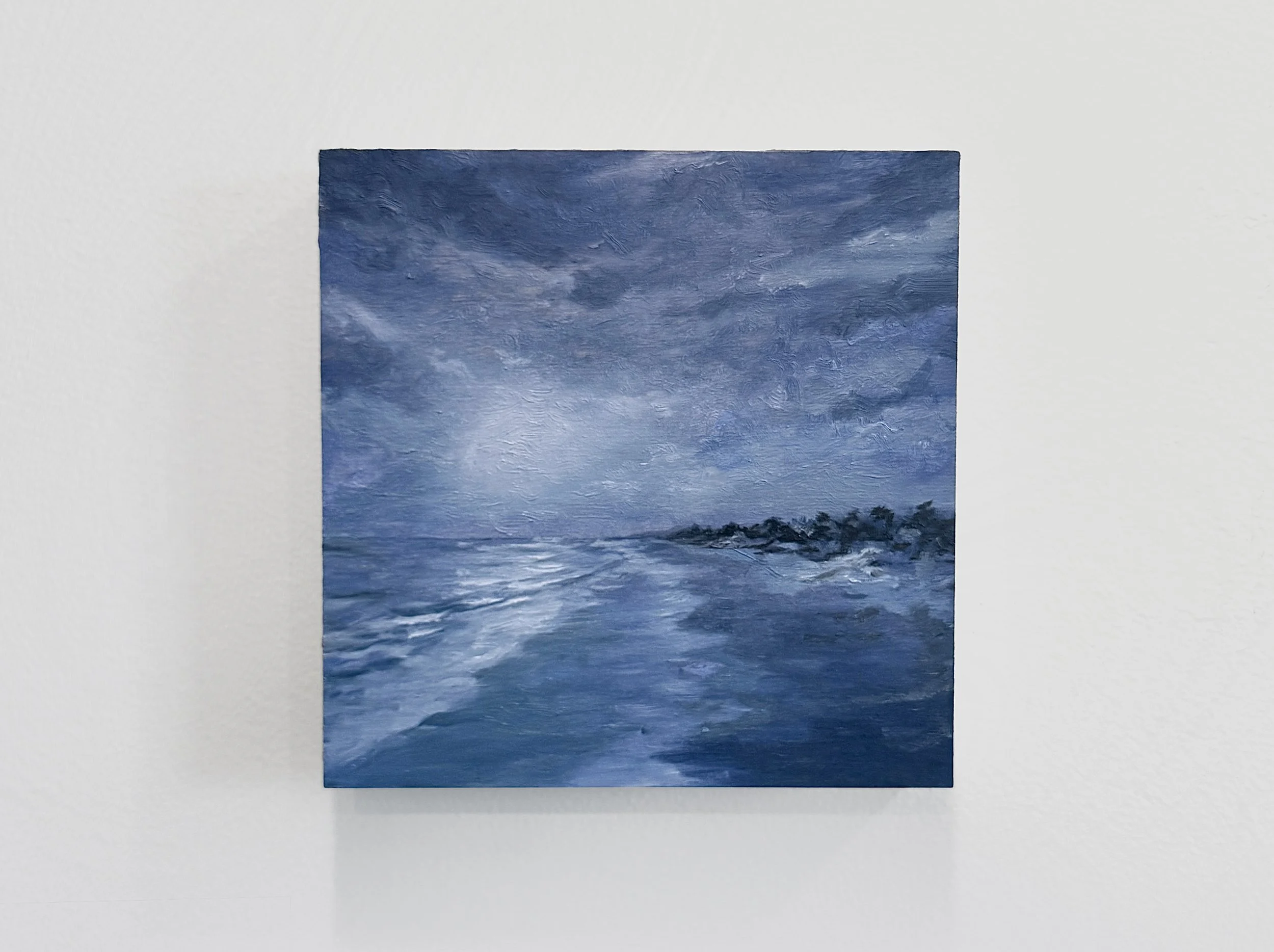 An impressionist painting of a cloudy sky over a seascape with waves and distant land with trees.