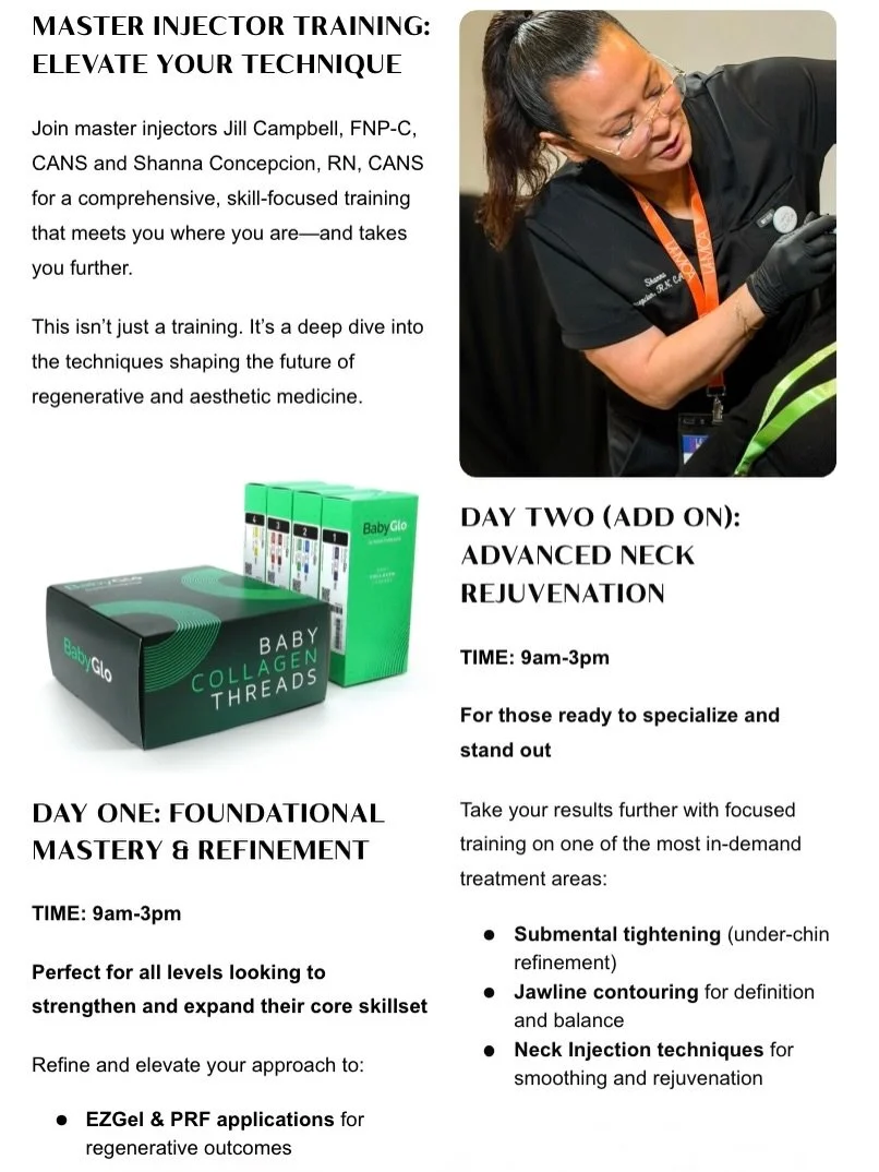 Ready to elevate your skills? Join the Master Injector Training with Shauna Concepcion RN, CANS and Jill Campbell, FNP-C CANS&mdash;start with day one or add day two for advanced neck rejuvenation! Sarah-Kate  Rems&rsquo; EZGel course is live&mdash;l