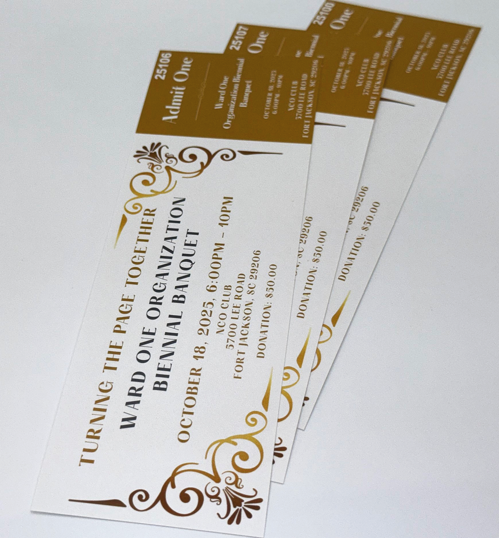 Event ticket for 'Together We Care: One Organic, Biennial Banquet' with gold and black decorative elements, details about the event date October 18, 2025, and location at NCO Club, Fort Jackson, South Carolina, including times and donation amounts.