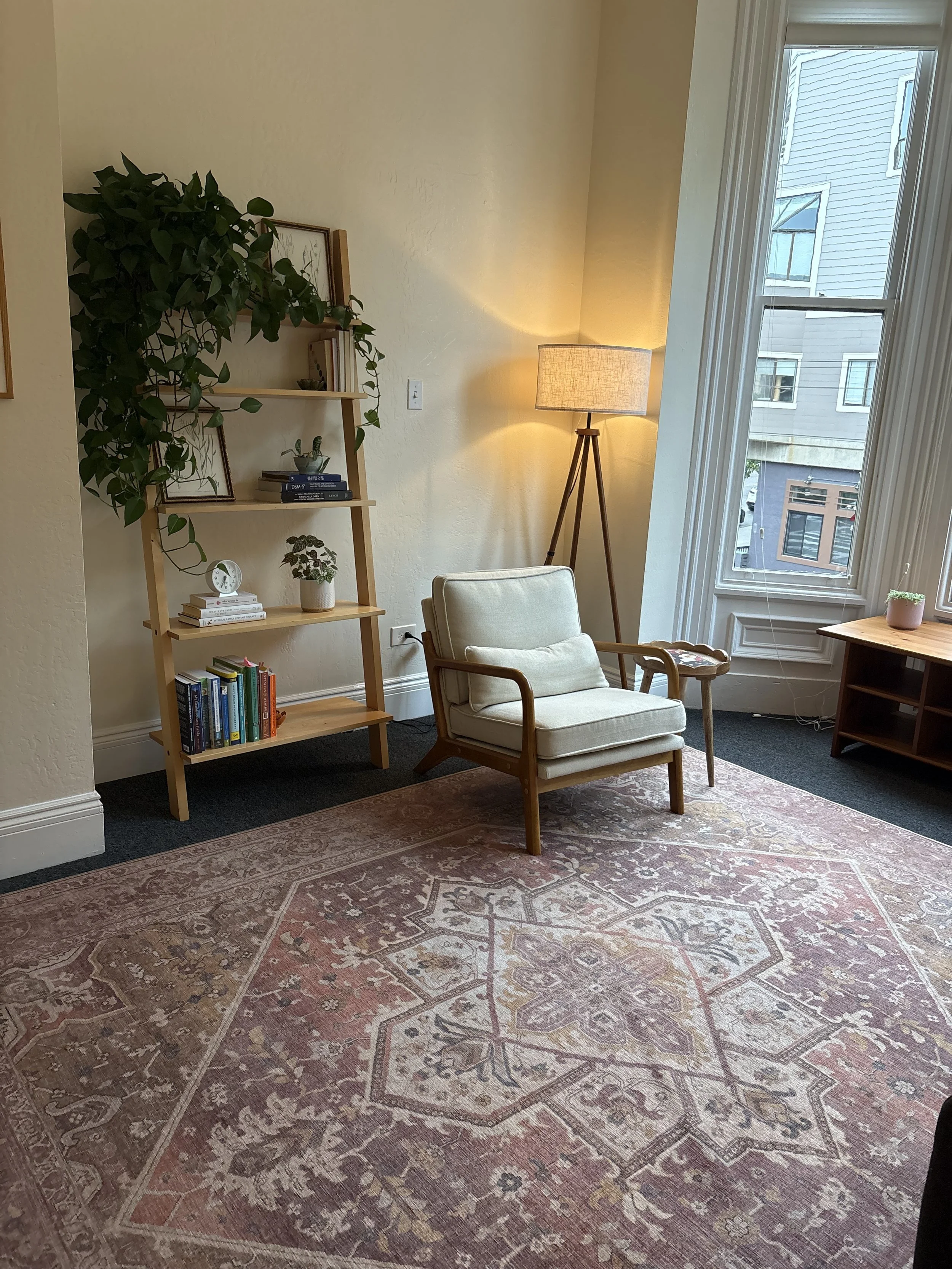 chair in office with plants and book shelf