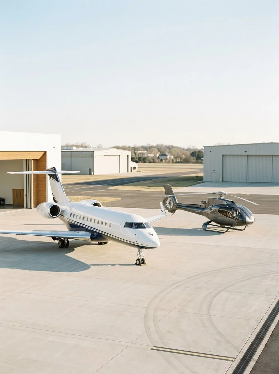 White private jet and gray helicopter parked outside airport hangars.