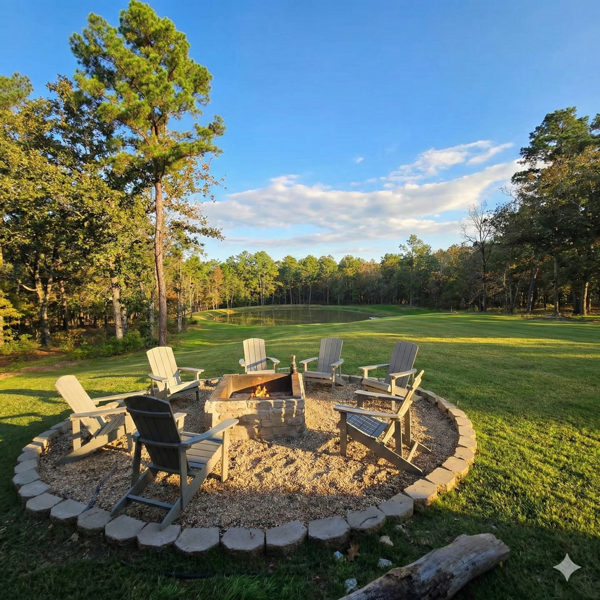 Scenic fire pit seating area overlooking the peaceful private pond at Larue Landing country retreat, a short drive from Dallas/Fort Worth.