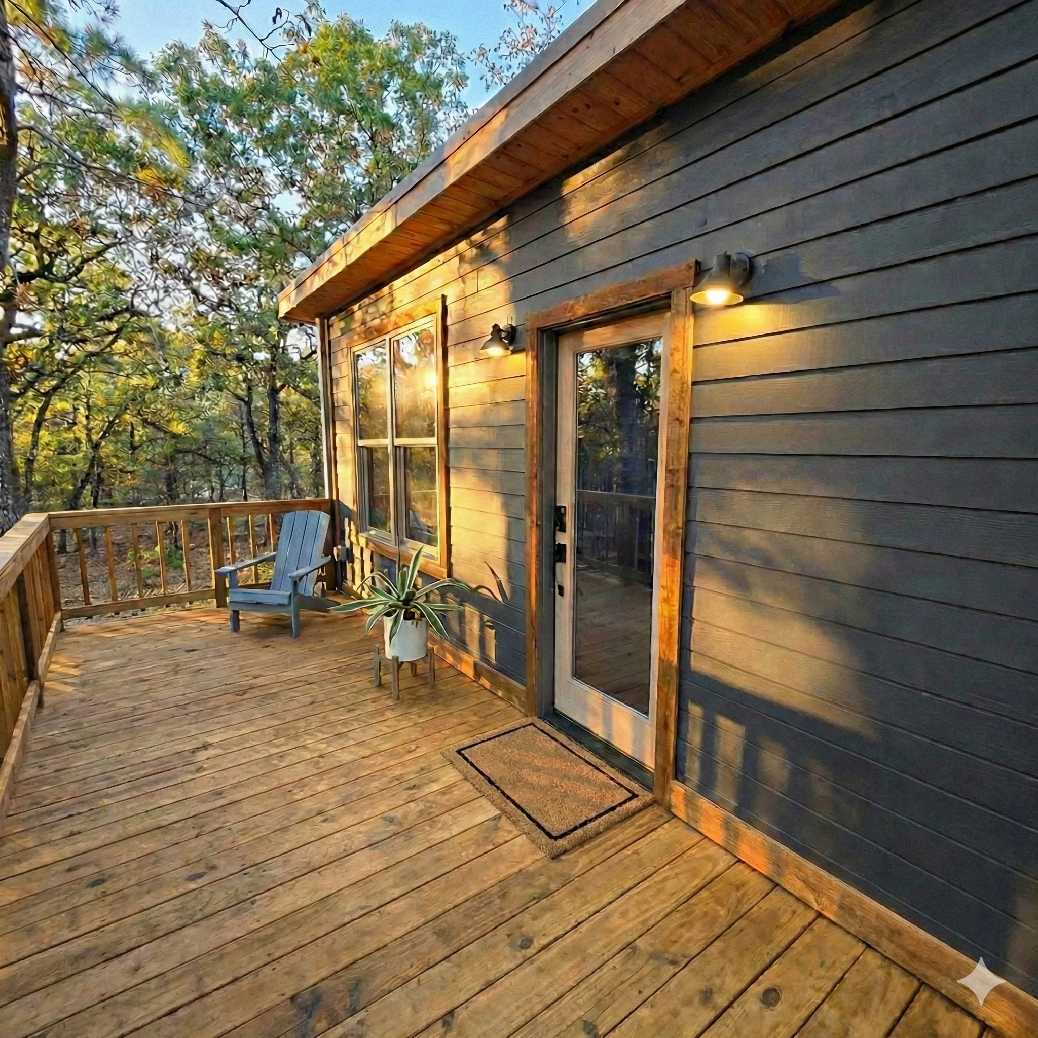 Cozy detached guest cabins with private wooden decks at Larue Landing, offering extra lodging for large family reunions in the Piney Woods.