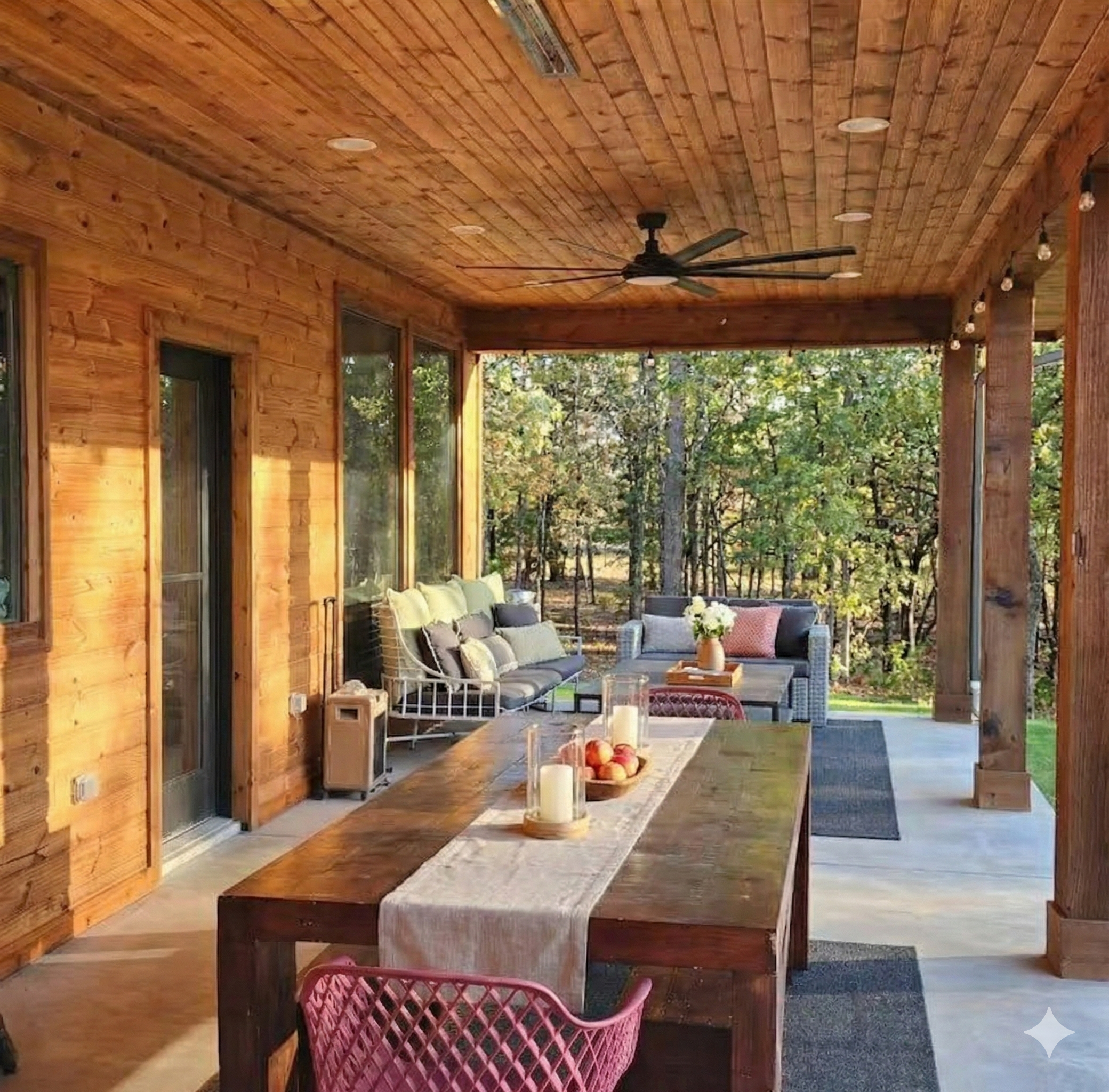 Expansive covered outdoor patio with a large wooden dining table and lounge seating built for group hosting and family meals at Larue Landing.