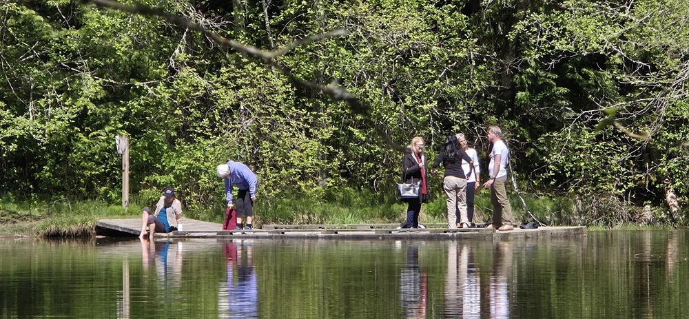 Retreat participants gathering on a small dock by the water
