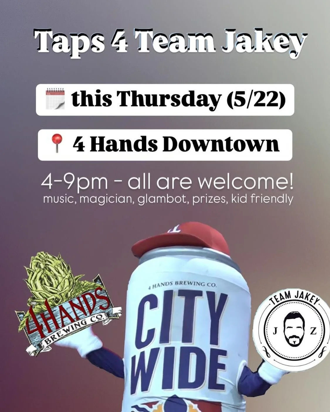 Come meet Mr. City Wide, get your picture taken by the glambot, listen to live music, and be wowed by our magician&hellip; at Taps for TEAM JAKEY! Raffles, giveaways and a portion of all sales goes straight to ending the stigma surrounding mental hea