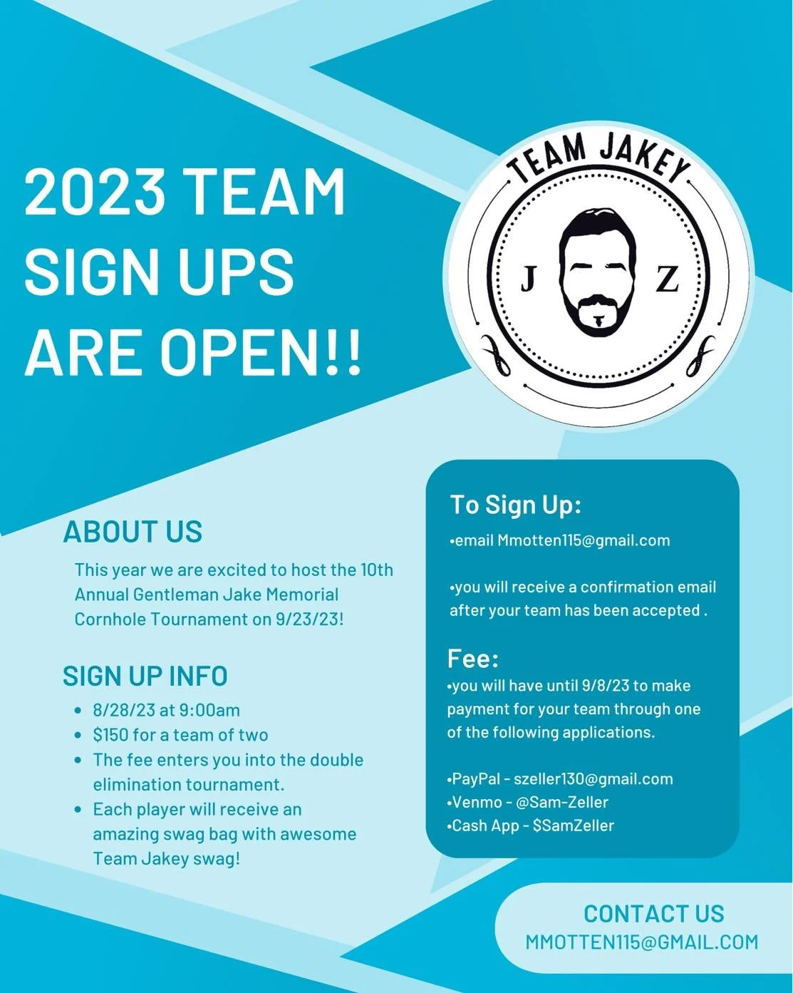 The 2023 Annual Gentleman Jake Memorial Cornhole  team slots are open!! See post for details on how to sign your team up today!! 

You don&rsquo;t want to miss the Team Jakey swag this year!😉💙

#endthestigma 
#mentalhealthmatters
#teamjakey
