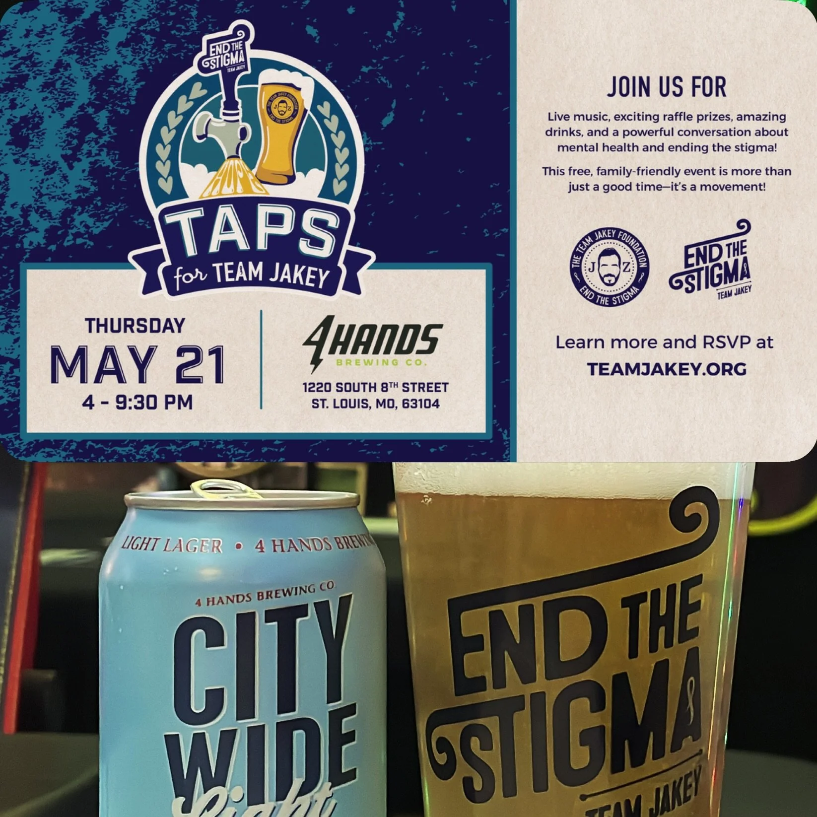 Happy Friday! Cheers to ending the stigma. 

See everyone at Taps for Team Jakey May 21 at @4handsbrewingco downtown. Come grab a City Wide Light, @hipointedrivein, or whatever you&rsquo;re craving.

Plus, drink City Wide at @drafthousestl and a port