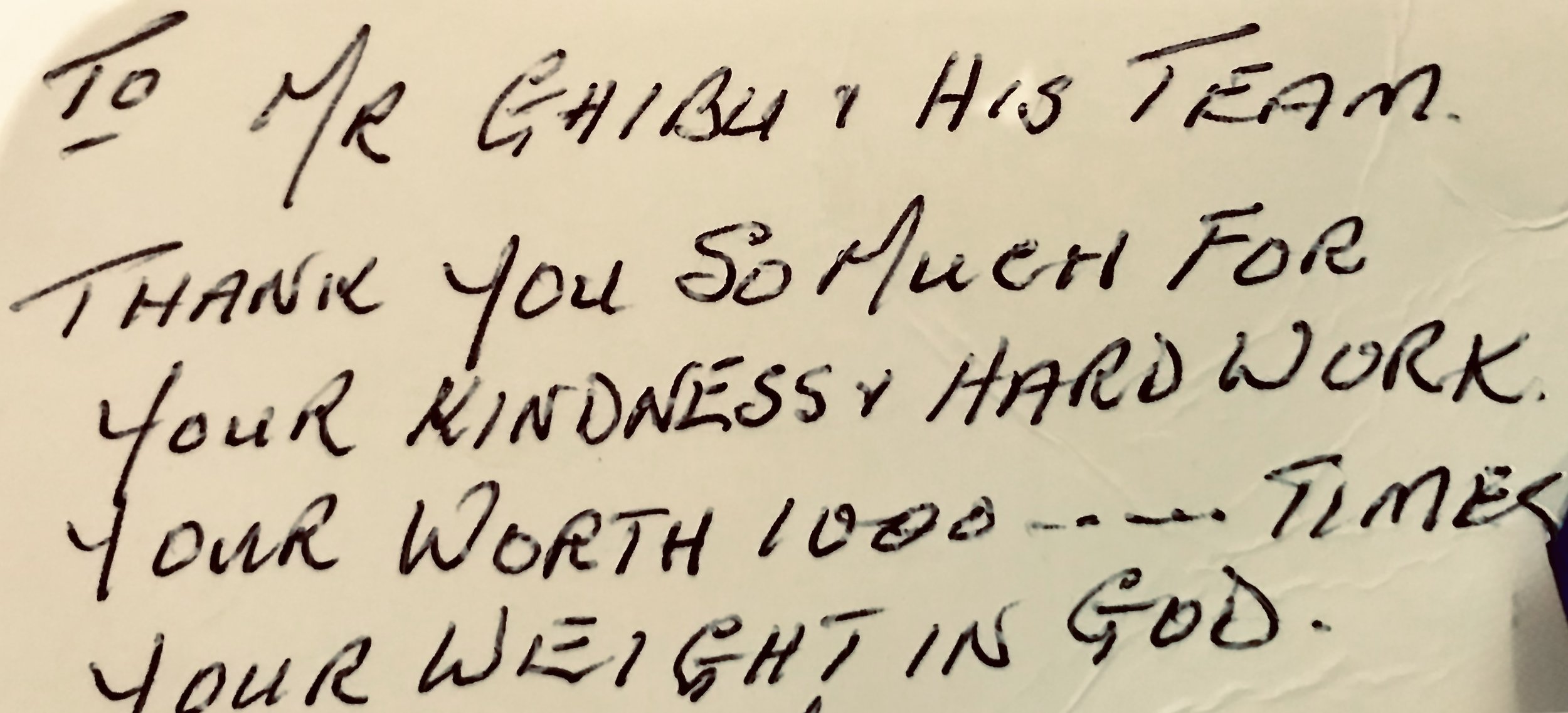 Handwritten patient testimonial for vascular surgeon in Zurich, Switzerland, highlighting kindness and surgical care