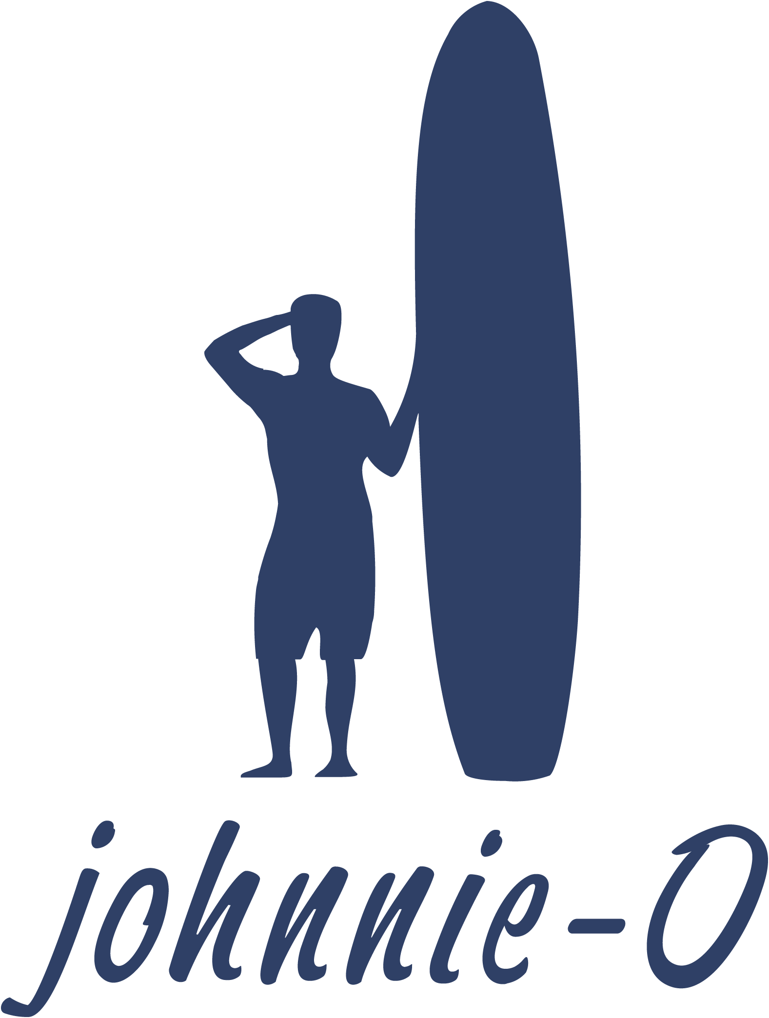 Silhouette of a woman with one hand behind her head, standing in front of a large surfboard, with stylized cursive text underneath.