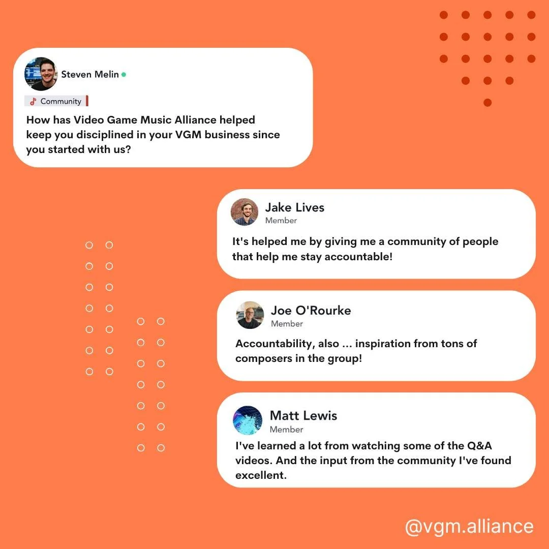 There are so many perks 🎮 to being a Video Game Music Alliance Pro Member, 🎵 but two of the things we hear the most are community 🤝 and accountability. There's just something about surrounding yourself with like-minded creatives, all chasing their